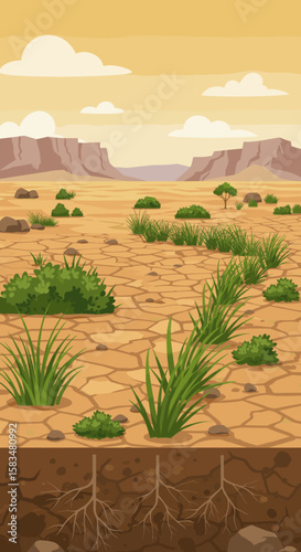 An illustration showing progressive desertification, with one half having green vegetation and the other half showing cracked, dry land, highlighting land degradation.