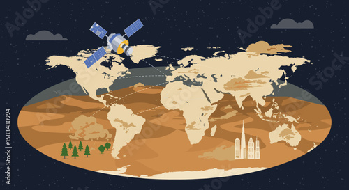 A night-view illustration of a world map monitored by a satellite, indicating environmental data tracking and global observation for climate or weather purposes.