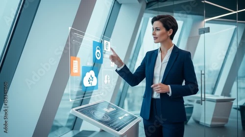 Businesswoman using interactive futuristic display for data analysis in modern office