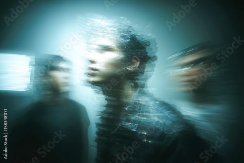 Exploring the boundaries of identity as figures dissolve into pixels, revealing the blurred line between reality and the virtual realm amid glitch effects