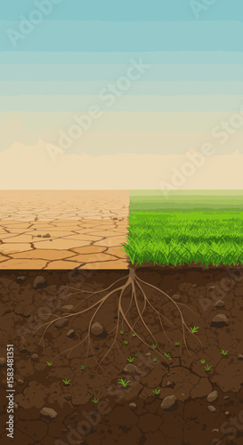 A patch of green land in the center of dry desert ground, symbolizing regeneration, growth, and sustainable land management in a drought-stricken area.