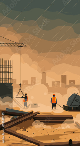 Construction workers are building in a city under harsh environmental conditions with a cloud of dust in the air, showing the intersection of urban development and environmental impact.