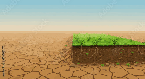 A patch of green land in the center of dry desert ground, symbolizing regeneration, growth, and sustainable land management in a drought-stricken area.