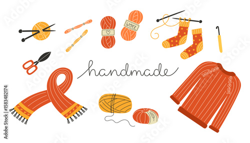 Large Autumn Collection of Knitting Elements Flat Style Wool Yarn Sweater Socks Needles