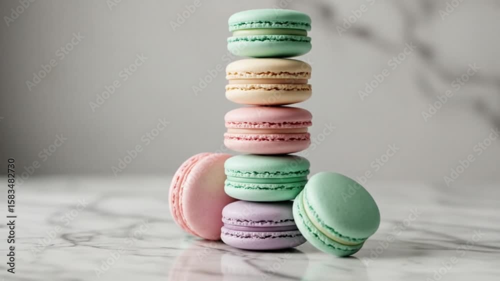 Colorful macaron tower on marble surface