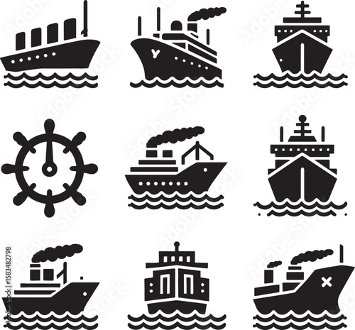 Vector set of various ship and boat silhouettes including cargo, cruise, military, fishing, and sailing vessels with anchor icons for marine transportation illustration