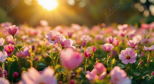 Pink Flowers Blooming In Field At Sunset Calm Nature Beauty