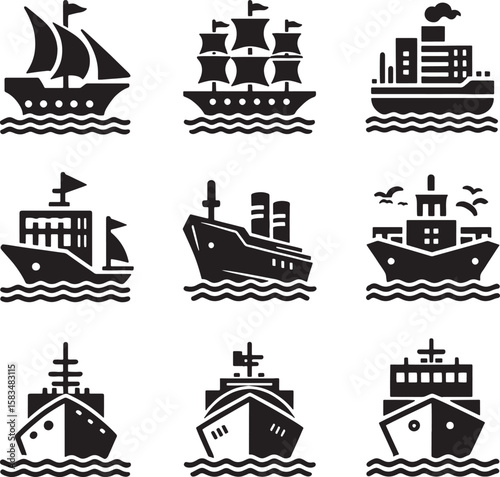 Black vector silhouettes of sailing ships and boats, perfect as nautical transport icons