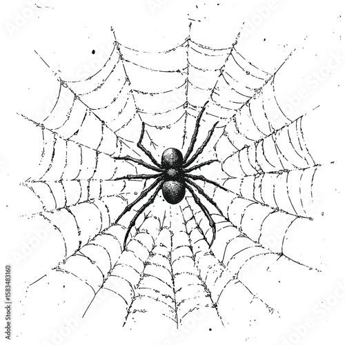 Hand-drawn spider web sketch, vintage cobweb engraving, antique lace surface, Halloween style, etched intricate design, retro woven pattern, vector illustration, spooky background.