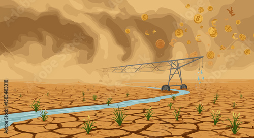 A farming irrigation system set in a dry, cracked land with small plants growing, while coins float in the air, indicating the cost and financial aspects of environmental management in arid regions.