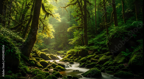 Golden light filters through ancient trees, highlighting a peaceful stream in a verdant forest.