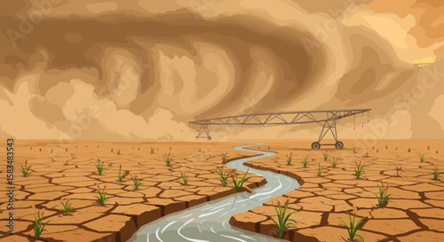 A farming irrigation system set in a dry, cracked land with small plants growing, while coins float in the air, indicating the cost and financial aspects of environmental management in arid regions.