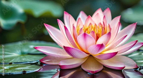 Pink Lotus Flower Blossom In Water With Lily Pads Reflecting Serenity