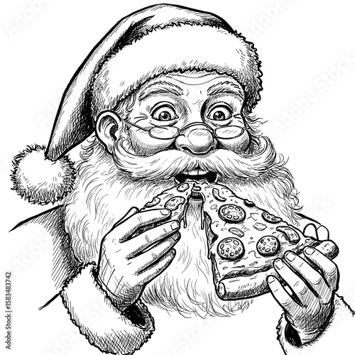 Vintage ink sketch of Santa Claus in a hat eating pizza with a delighted facial expression – hand-drawn black and white illustration, vector engraving svg
