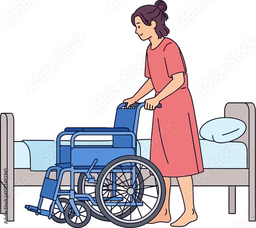 A woman pushes a blue wheelchair near a bed in a hospital.