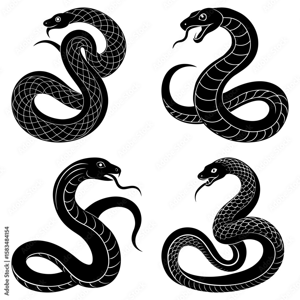 Obraz premium Four black and white stylized snakes in various poses with tongues sticking out on a white background