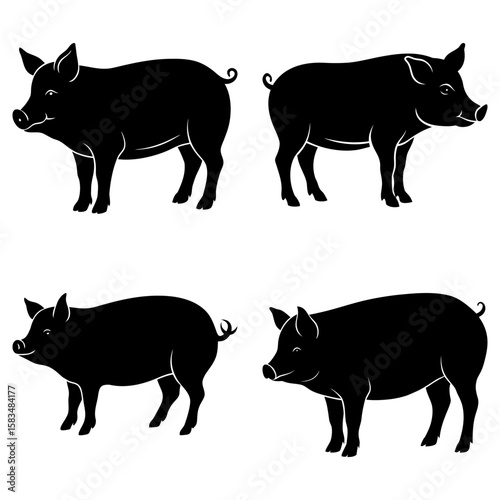 Four black silhouette illustrations of pigs standing on a white background in a square format