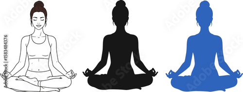 Three versions of a woman meditating in lotus pose variations