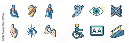 Symbols representing various accessibility features for individuals with disabilities in a diverse setting