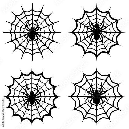 Four spider webs with spiders in black and white for halloween decoration and spooky illustration design