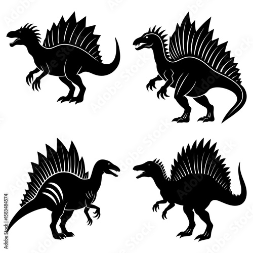 Illustration of four spinosaurus dinosaurs in silhouette with distinctive dorsal sails and reptilian features