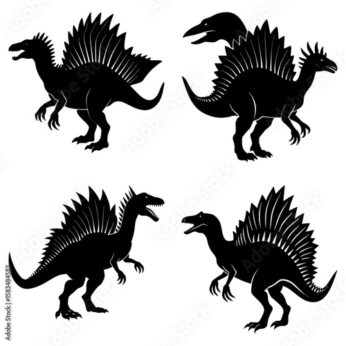 Four spinosaurus dinosaurs in black silhouette with distinctive dorsal sails arranged on a white background
