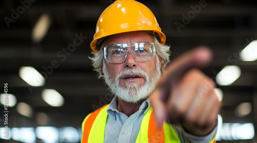 Senior male engineer wearing yellow hard hat, safety glasses, and reflective vest is giving instructions with focused expression in industrial setting