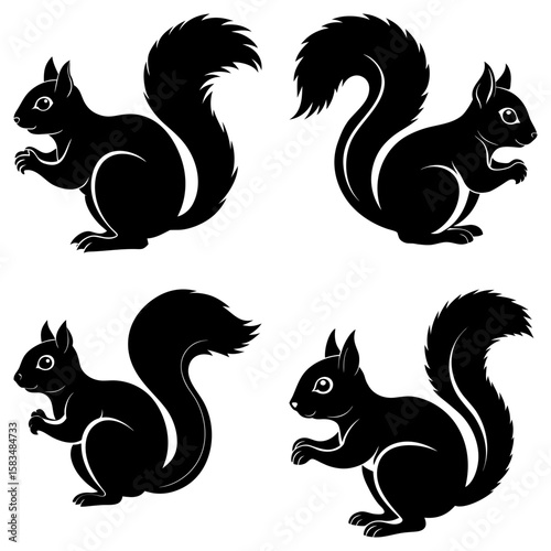 Four black squirrel silhouettes with bushy tails in various poses on a white background view