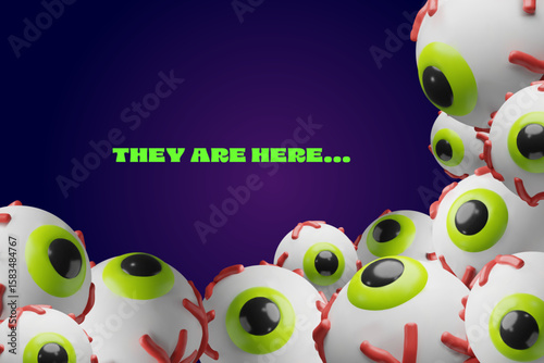 Spooky Halloween eyeballs illustration with creepy green pupils and red veins on a purple background. The eerie eyes seem to be watching from all corners, a surreal and slightly unsettling atmosphere.