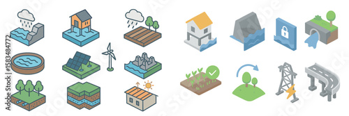 Icons representing various aspects of water management and renewable energy practices in a sustainable environment