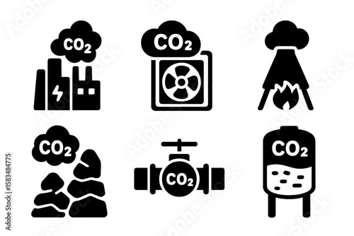 Symbols representing carbon dioxide emissions and their sources in industrial and environmental contexts