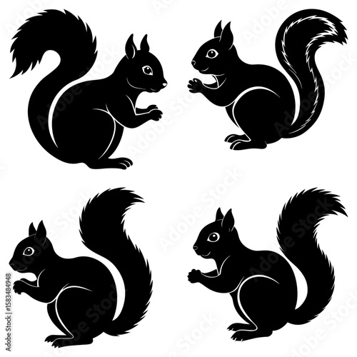 Four black squirrel silhouettes with bushy tails facing each other on a white background design element