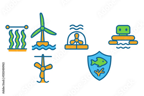 Colorful illustrations of sustainable energy sources and aquatic life conservation practices on a bright background
