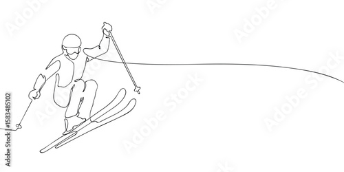 Freestyle skier jumping with poles drawn in single continuous line. Minimalist vector illustration isolated on white background. Winter sports and Olympic games concept for design and print.