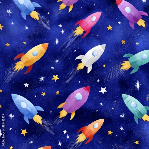 Colorful rockets in space with stars on blue background