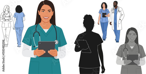 Diverse medical professionals in scrubs and lab coats with stethoscopes and tablets