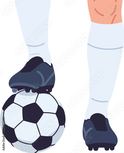 Soccer player s feet in cleats and socks with a ball on white background