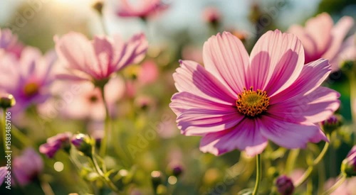 Gentle Pink Cosmos Flower Blooms Swaying In A Summer Breeze And Sunlight