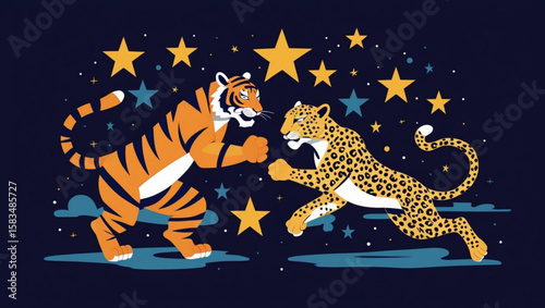 Tiger and Leopard Encounter Under Starry Sky