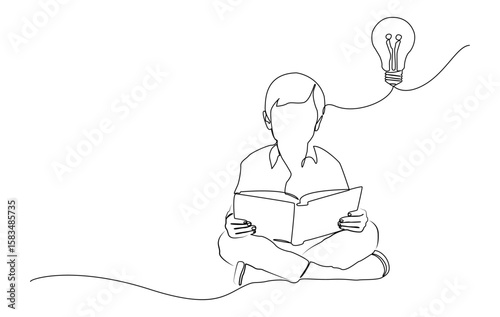 Minimalist single line art of a child sitting and reading a book with a light bulb of ideas lit above his head. A powerful concept symbolizing learning, imagination, creativity.