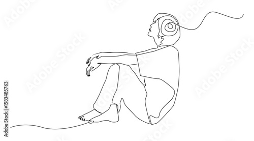 A minimalist one-line illustration of a person sitting alone with knees bent, head slightly raised, contemplating. Representing emotional stress, anxiety, overthinking.