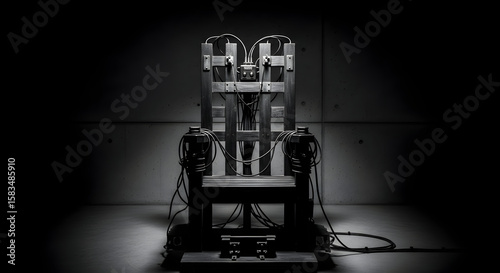 The grim silhouette of a wooden chair with electrical components in a dark, foreboding space.