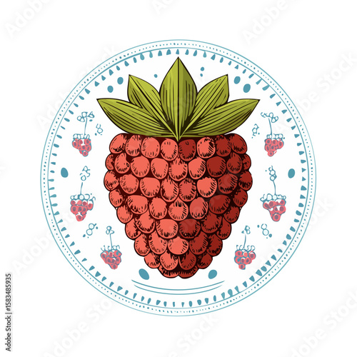 Raspberry fruit illustration on decorative plate detailed food design