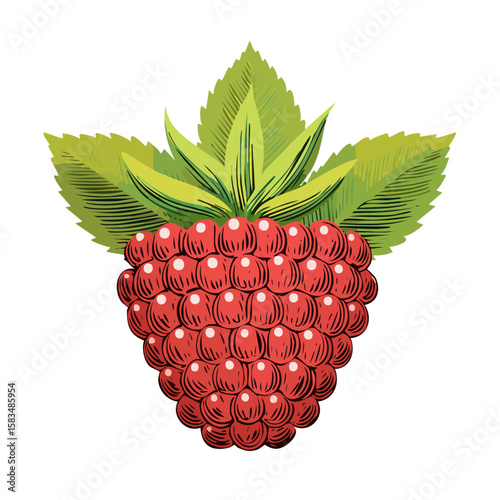 Raspberry illustration fresh berry still life red fruit green leaves organic food healthy eating vibrant color