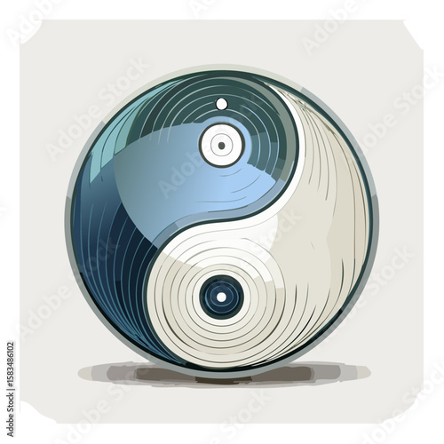 Yin Yang Symbol in Blue and White with Circular Lines Harmony and Balance Concept