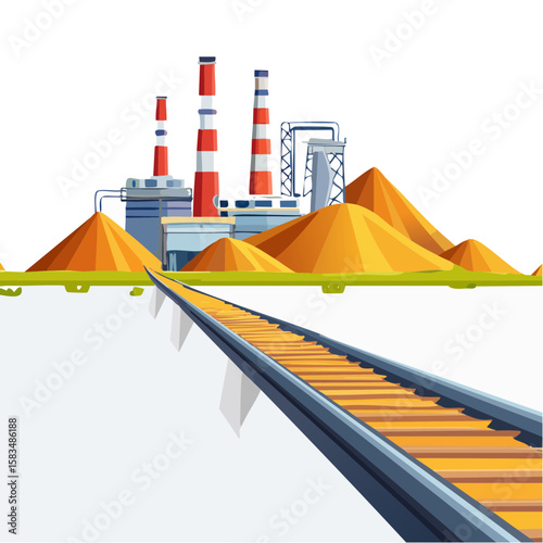 Industrial landscape with factory, train tracks, and mining resources