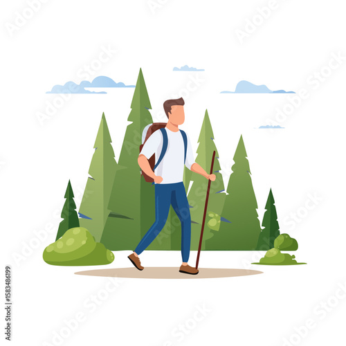 Hiker in a Forest Landscape with Trees, Bushes, and Clouds