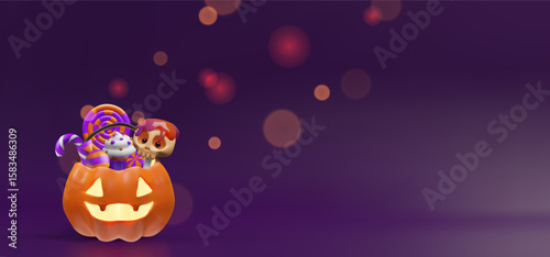 A glowing 3D Halloween pumpkin bucket filled with festive candies, a spooky lollipop skull, a cute cupcake, with magical bokeh lights. Halloween party invitations, banners, seasonal promotions.