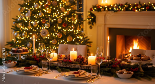 Warm and inviting holiday dining table set with glowing candles and festive evergreen decor.