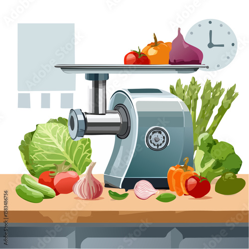 Vector image of meat grinder with vegetables